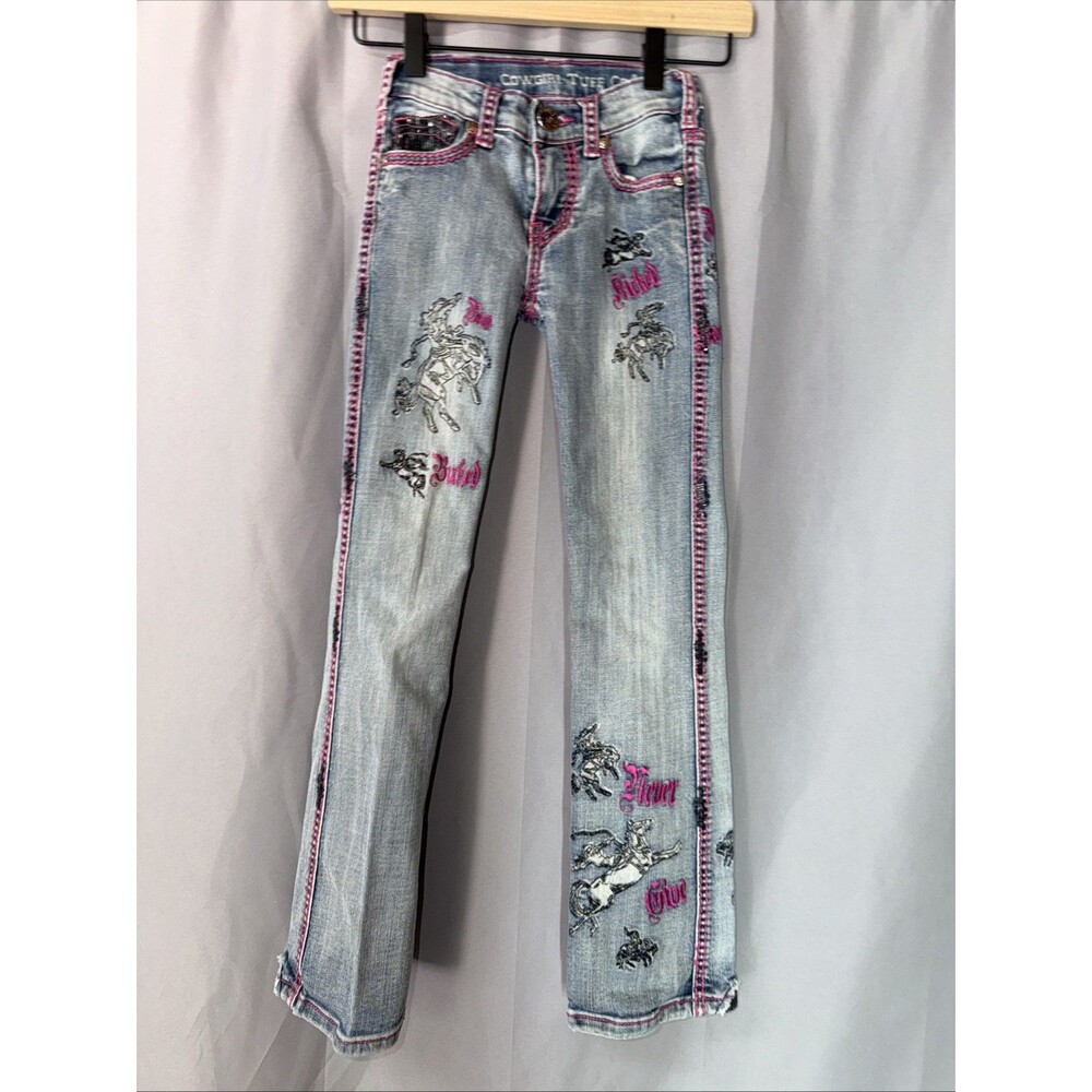 Cowgirl Tuff Jeans Youth Girls 7 Denim Boho Pink Flared Rodeo